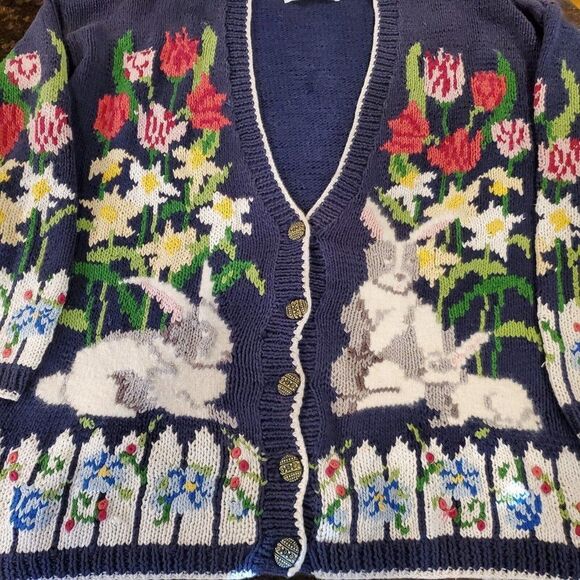 Design Options Easter Egg Cardigan Sweater Large Furry Bunny Rabbit Fence Vtg - Picture 2 of 12
